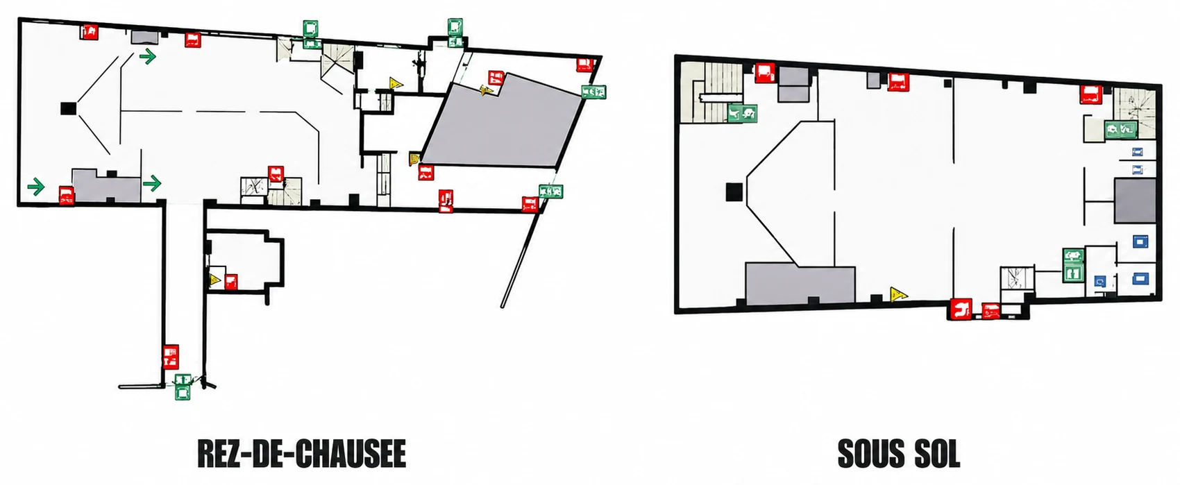 Plan du Musée Banksy : rez-de-chaussée et sous-sol, 900 m² sur deux niveaux